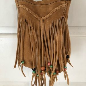 Lucky Brand Fringe Suede Beaded Boho Crossbody Bag Purse